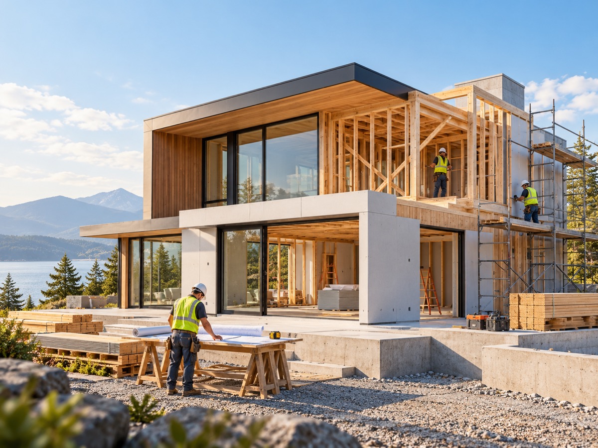 Illustration of a modern home under construction